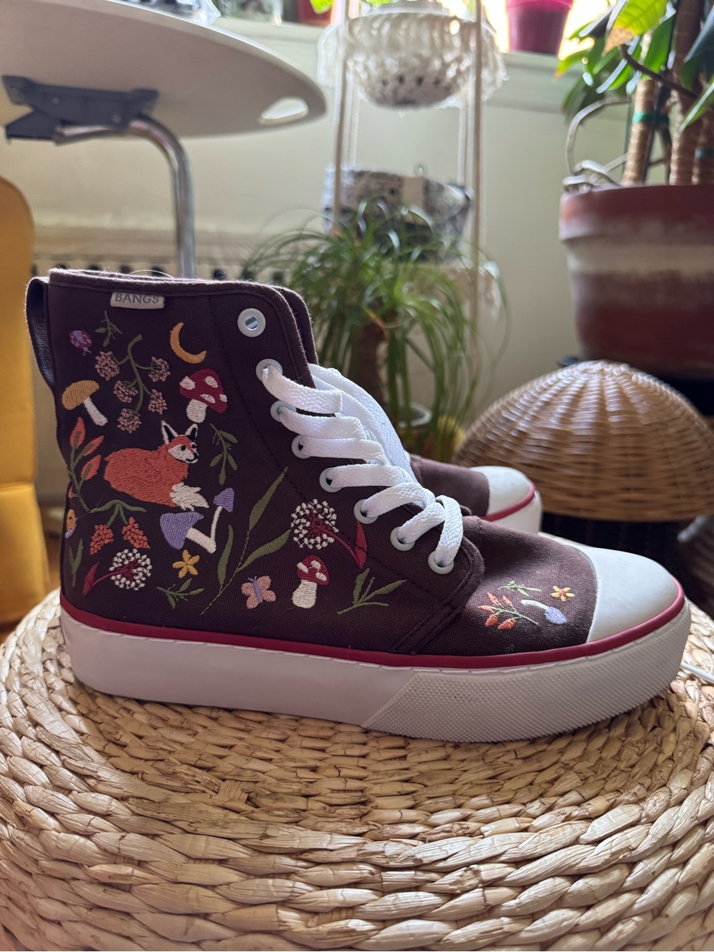 Women's BANGS Brown Embroidered High-Top Sneakers with Floral & Fox Detail